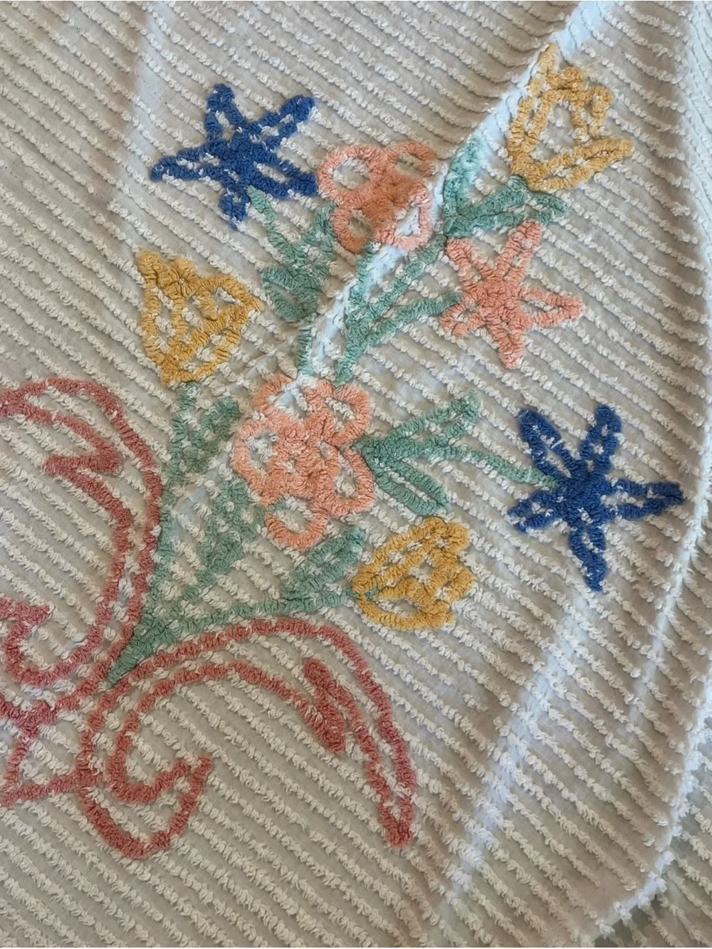 Cream Chenille Bedspread with Pastel Floral Motif
